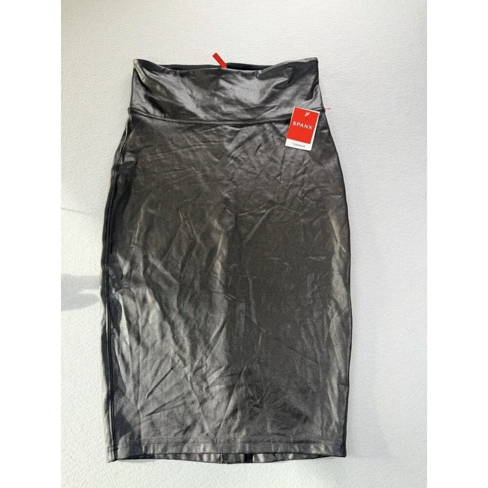 SPANX Faux Leather Pencil Midi Skirt  Black High Waisted Pull-On - Size L